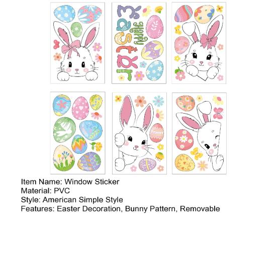 6 Sheets Easter Bunny Window Cling Removable Waterproof PVC Flower Colorful Egg Rabbit Static Glass Sticker Spring Easter Holiday Decoration Decal