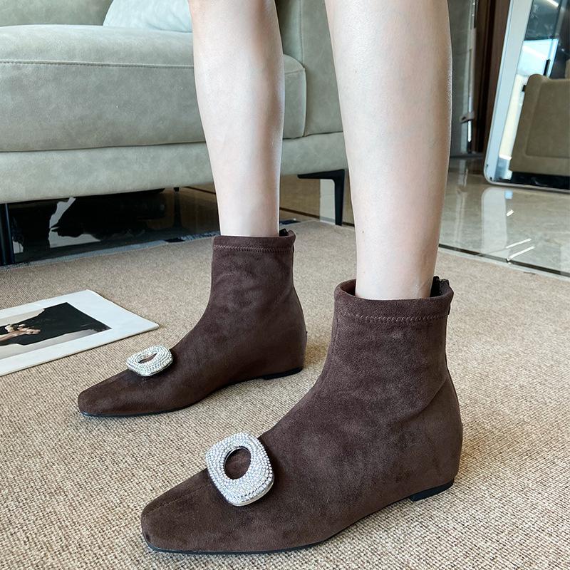 8071-2 Xiaoxiangfeng Black Rhinestone Inner Heightening Short Boots Women's Shoes 2025 Autumn and Winter Thin Elastic Thin Boots