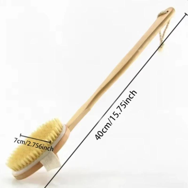 Household wooden long handled bristle brush, back scrubbing product, skin exfoliating detachable handheld soft bristle brush