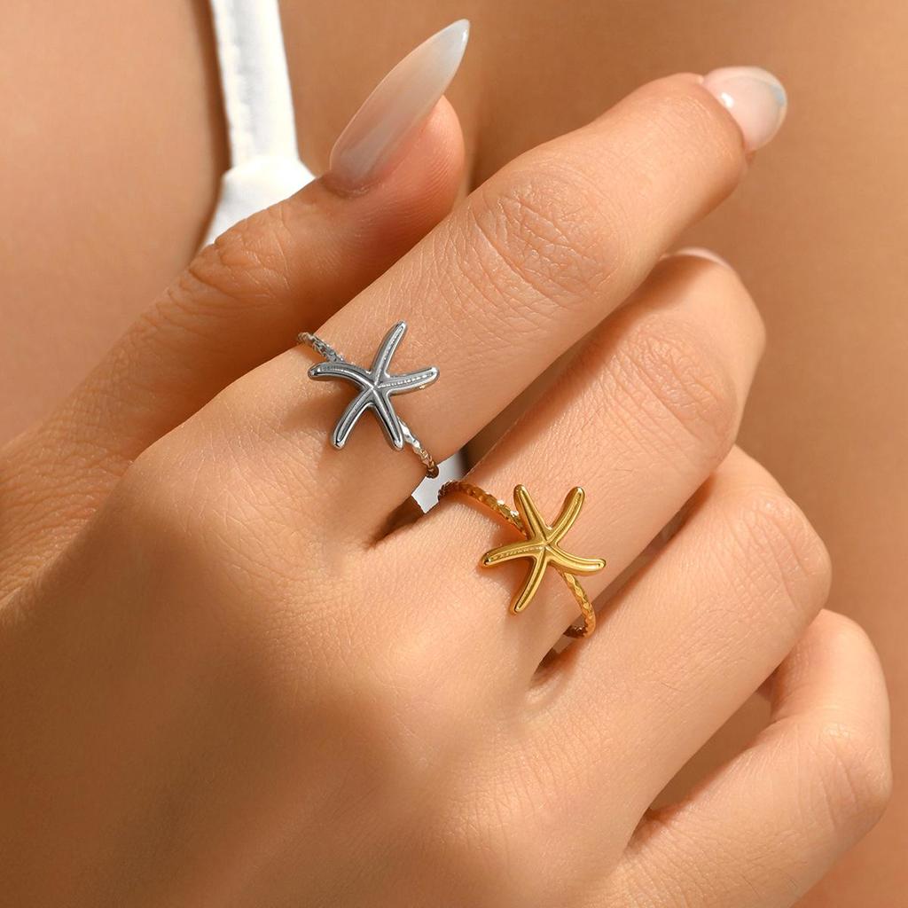Ocean Series Starfish Open Ring - Casual Resort Style Stainless Steel Accessory