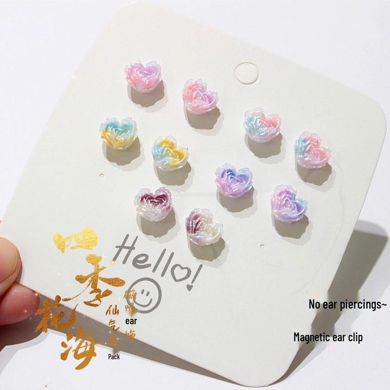 Cherry Blossom Pink Camellia Stud Earrings - Cute & Sweet Set with Magnetic Clips, Fresh Style.