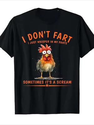 Funny "I Don't Fart... Sometimes I Scream" Rooster Pattern T-shirt Summer Unisex Loose and Breathable Cotton T-shirt Top