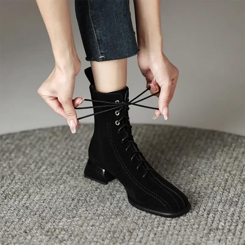 Short Boots Women's 2024 Autumn/Winter Frosted Square Headed with Cross Heel Strap for Slim Naked Boots Women's Boot