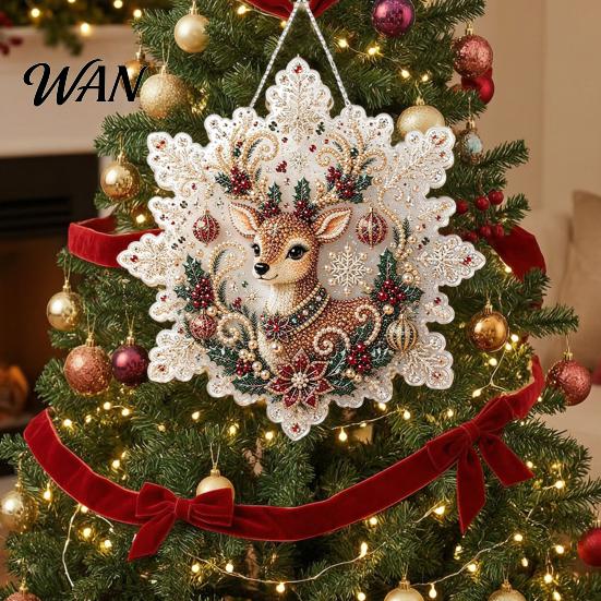 Decorative Gemstone Ornament Sets Christmas Faux Pearl Painting Suncatcher Art Kit, Acrylic Snowflake Shape Board Making Kits with Lace Edge,