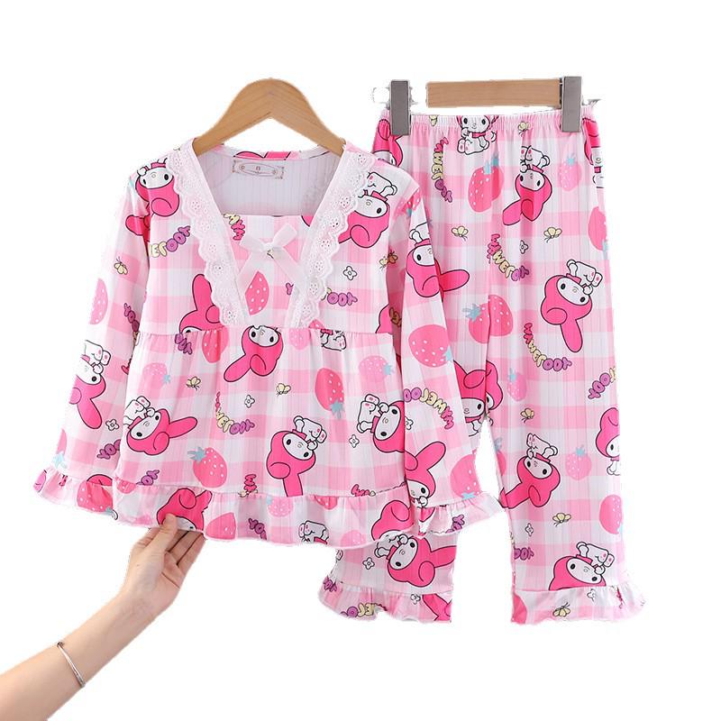 Kids' and Women's Spring Autumn Cartoon Pajama Set - Long Sleeve, Long Pants, KPOP Square Neck Homewear for Middle Large Child Girls