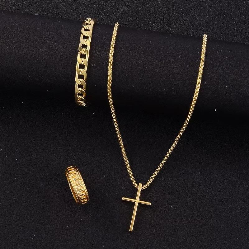 Cross Jewelry Chain Ring Bracelet Necklace 3 Sets