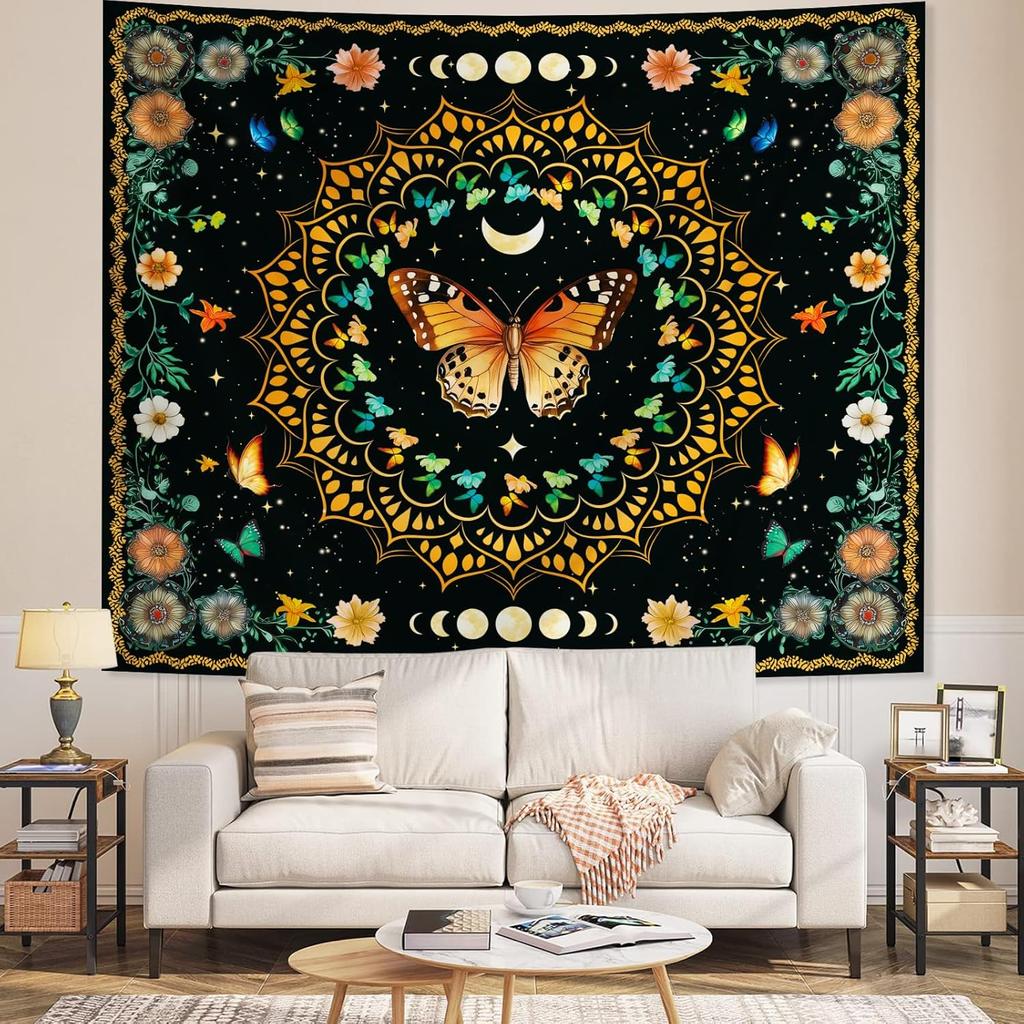 Boho Mandala Butterfly Floral Tapestry for Bedroom, Hippie Moon Ceiling Colorful Plant Flower Tapestries Aesthetic, Bohemia