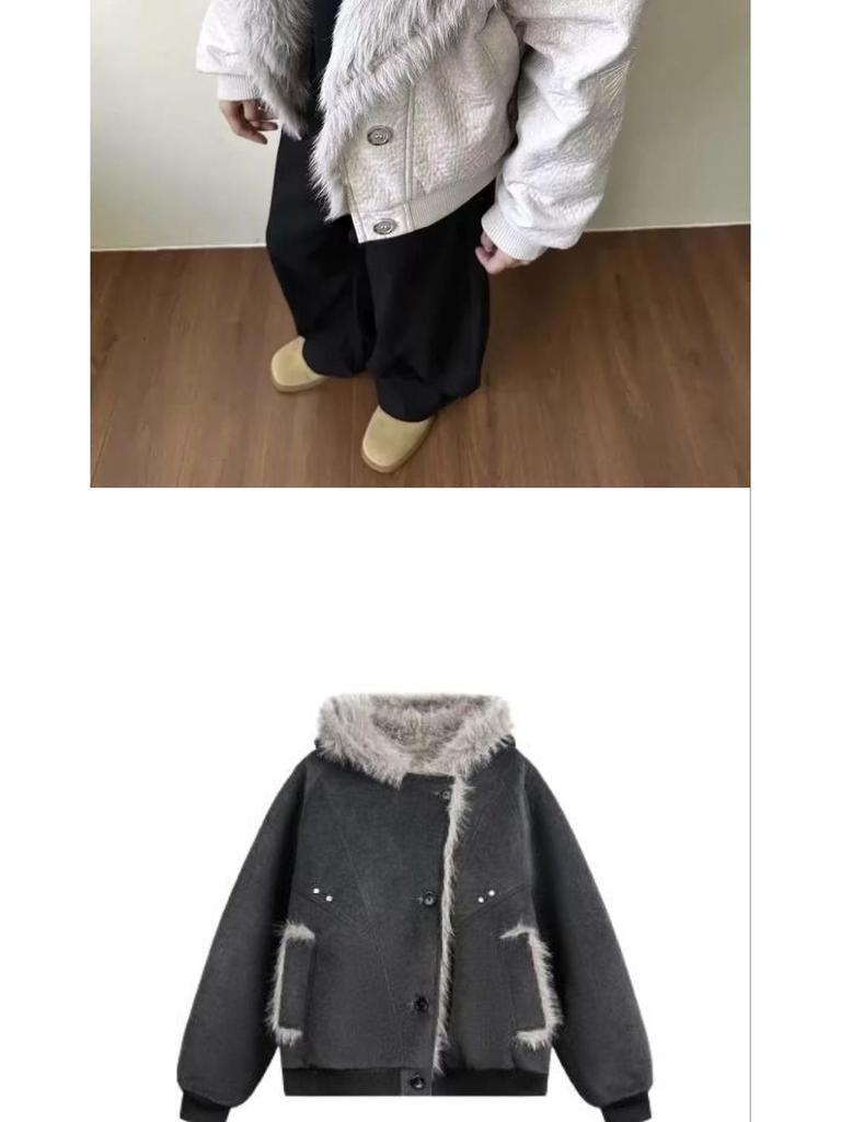 Old Money Style Wolf Constellation Cotton Hooded Jacket: Unisex Winter Outerwear with Velvet, Thick and Loose Fit.