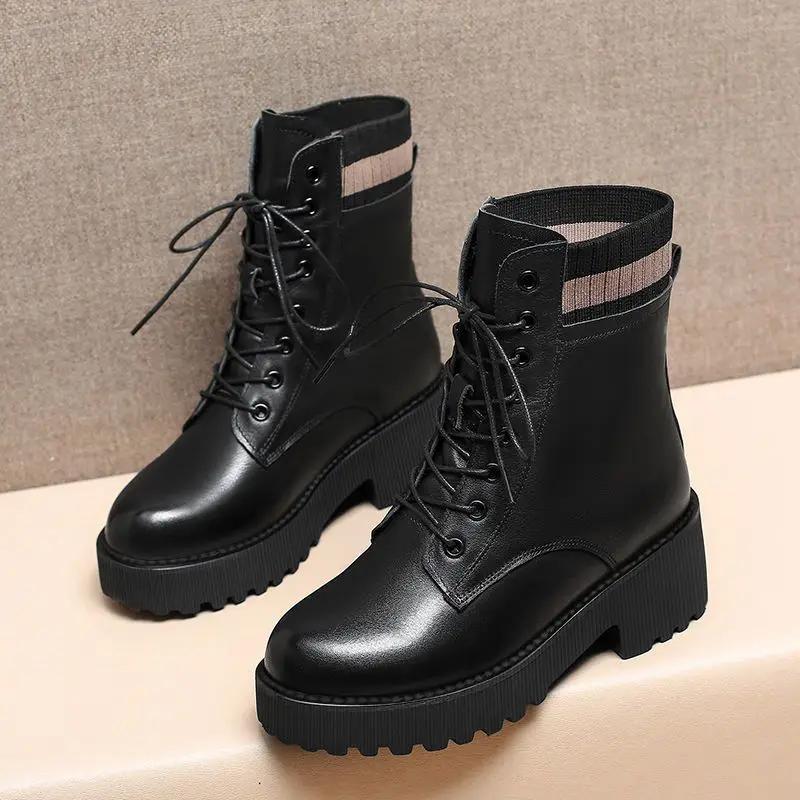 Fashion Female Short Shoes Splicing Knit Lace-up Height Increasing Women's Ankle Boots Large Size Warm Pu New In Y2k Boot Rock Booties