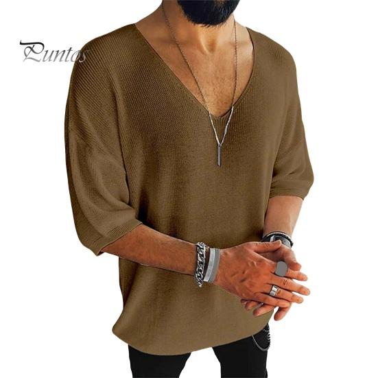 

Летняя мужская футболка трикотажная с v-образным вырезом и половиной рукавов, однотонный свободный пуловер, эластичный повседневный спортивный топ средней длины, трикотаж L коричневый