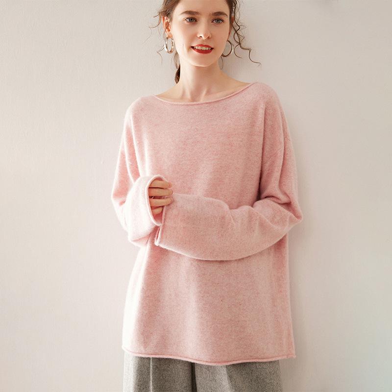 Women's Long Sleeve One-Shoulder Cashmere Knit Sweater - Mid-Length, Rolled Edge, Autumn/Winter Collection