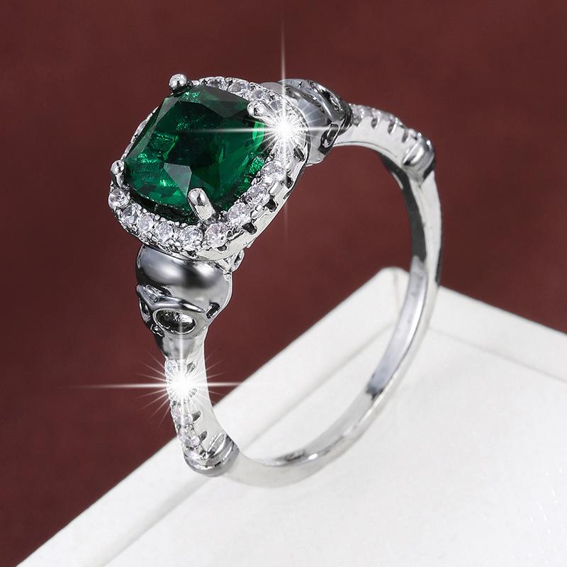 Personalized Skull Ring with Square Zirconia, High-End Punk Style, Pure Copper Women's Jewelry