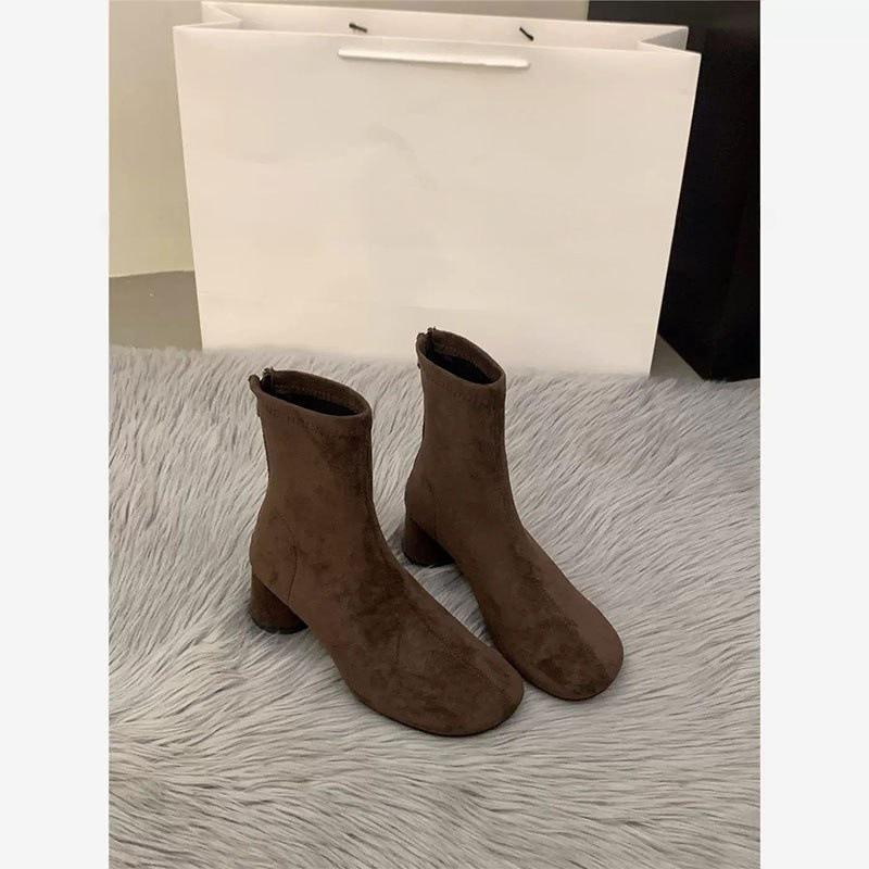 High Heel Suede Skinny Short Boots Women's Season Brown Martin Boots French Small Ankle Boots