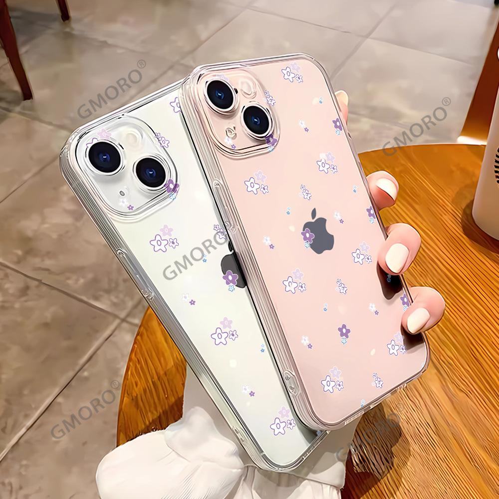 Japanese and Korean INS Taro Purple Floral Phone Case: iPhone 16 Transparent Shockproof Case iPhone 17 Girly Protective Case