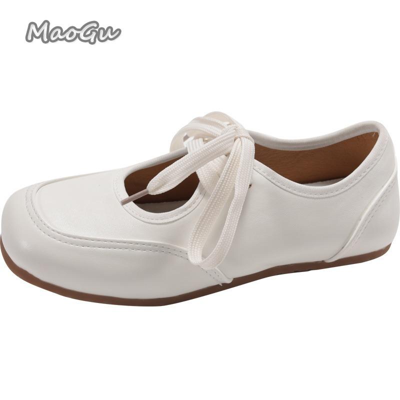 Fashion White French Retro Ballet Flats for Women 2025 Spring Autumn Mary Jane Shoes Low Heel Pumps Lace Up Round Toe Bow Casual Shoes