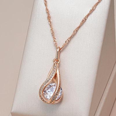 Full Inlay Hollow Water Drop White Zircon Smooth Pendant Necklace for Women Gold Color Wave Chain Light Luxury Jewelry