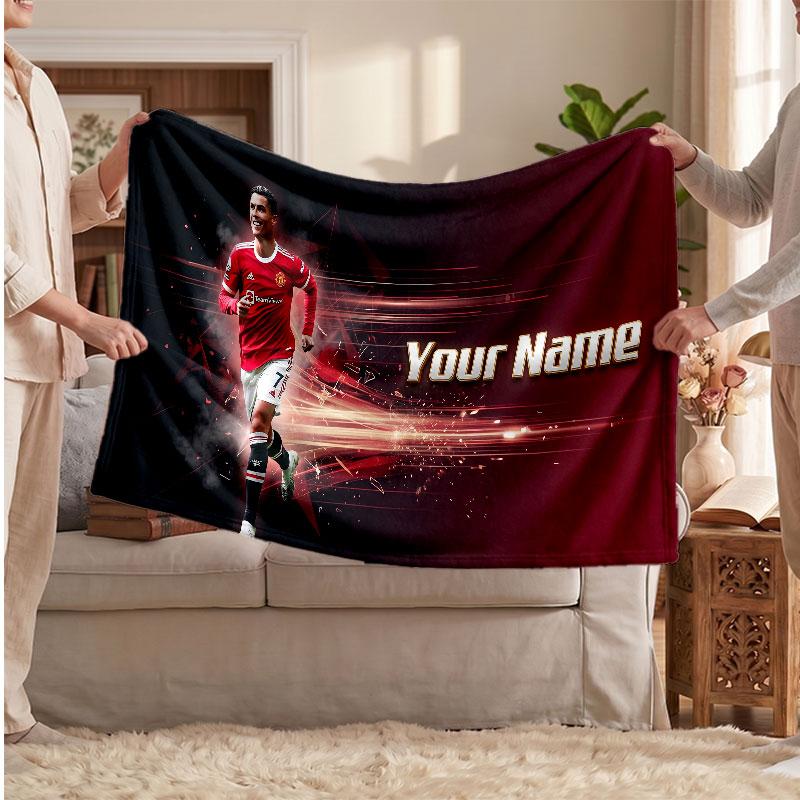 Cristiano Ronaldo Personalized Fleece Blanket With Football Logo, Custom Name Text Soft Warm Home Throw Blanket