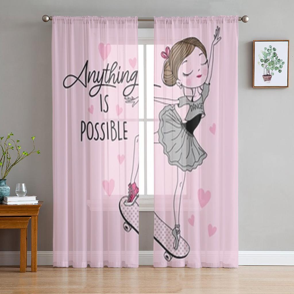 Ballet Dancer Girl Pink Flower Sheer Drapes Window Curtains for Living Room Bedroom Home Decor Cherry Blossoms Chiffon Curtain