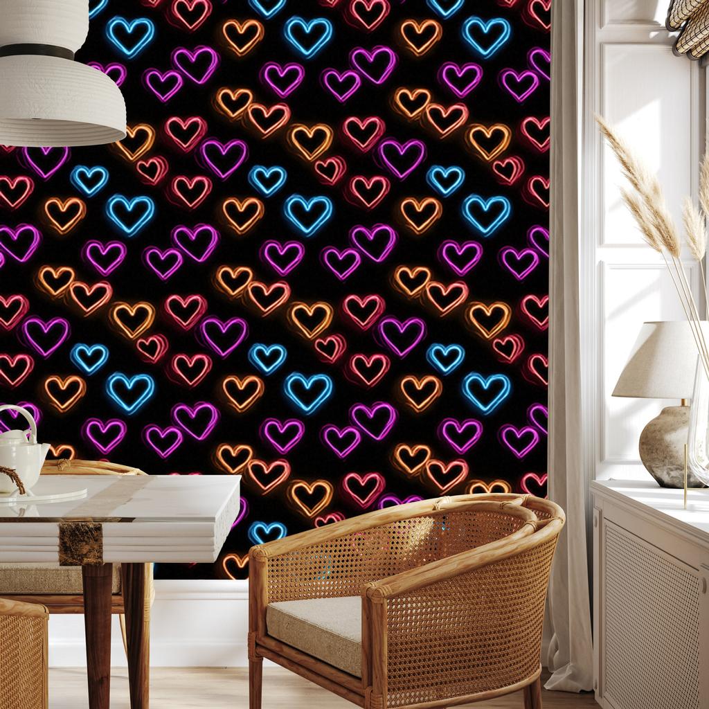 Neon Glitter Hearts Wallpaper Black, Rust and Plum 50x1000