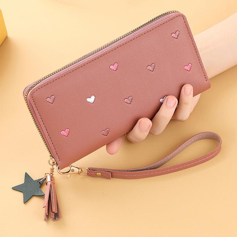 New Long Women Wallet With Heart-Shaped Korean Style Tassel Embroidery Card Holder For Women