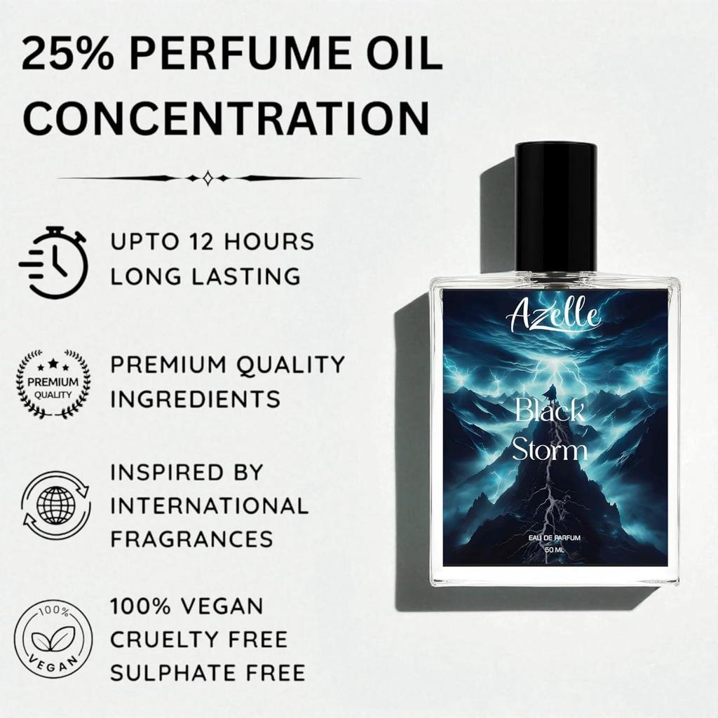Black Storm Long Lasting Eau de Parfum for Men | Premium Woody Spicy Citrus Musk Fragrance | Strong Masculine Scent for Daily, Office