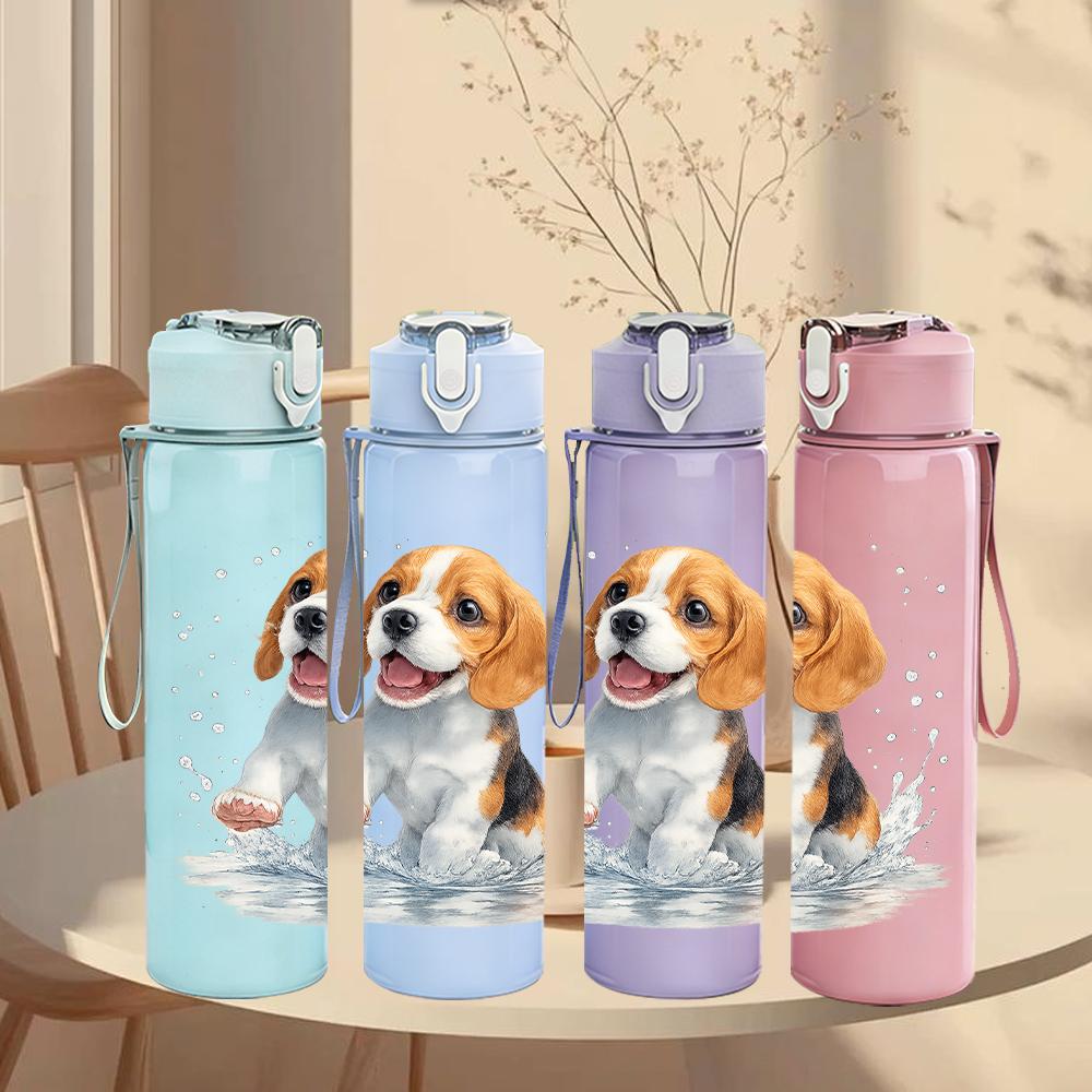 1 Pezzo Cucciolo di Beagle Ritratto con Schizzi d'Acqua 750ml Plastica Colorata Borraccia Sportiva Tappo Flip-Top Anti-Perdita Adatta per Sport Ufficio Uso Domestico