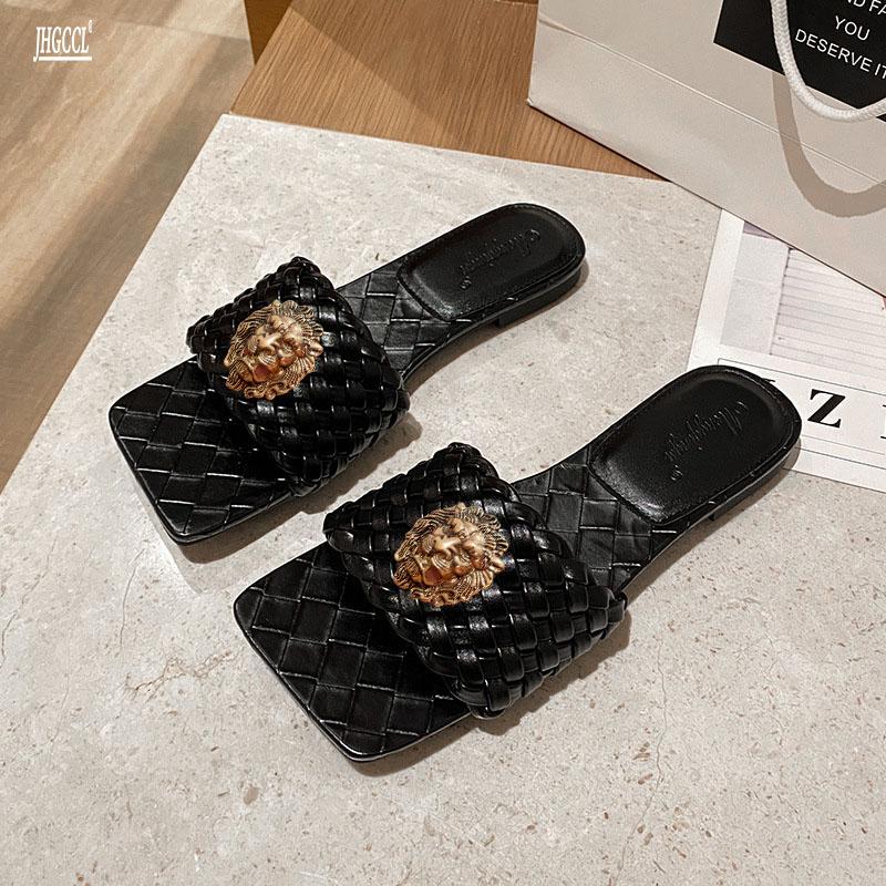 Fashion NEW Designer women's slippers Woven sexy sandals Thick backless women wear large sizes of cowhide T38
