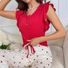 Women's Heart Print Pants Pajama Set Crewneck Ruffle Cap Sleeve And Long Pants 2 Piece Sleepwear Set Soft Lounge Pjs Set