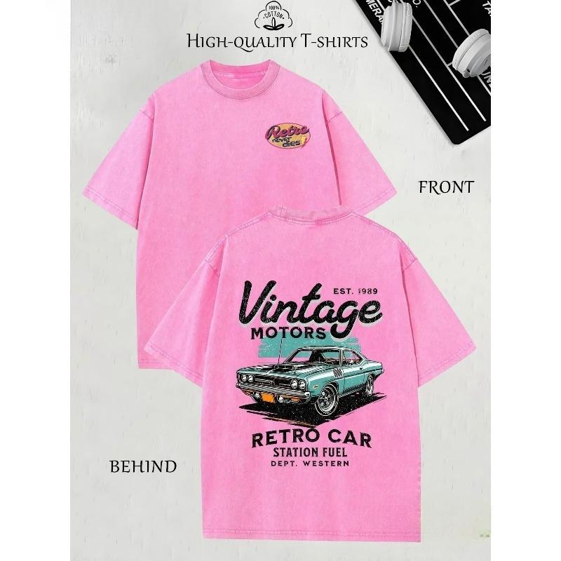 Street Trendy Herrenbekleidung, Retro-Auto-Muster Bedruckte Herren-Mode-T-Shirts, Hochwertige Heavy Washed T-Shirts, Rundhals Locker Große Größe