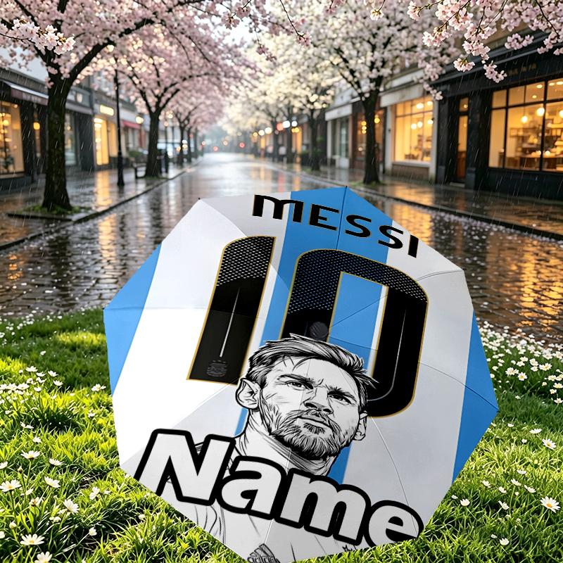 Custom Name Personalized Lionel Messi Print Umbrella, Auto Open Close, 8‑Rib Sturdy Frame, Commute Camping Hiking Use, Birthday Gift