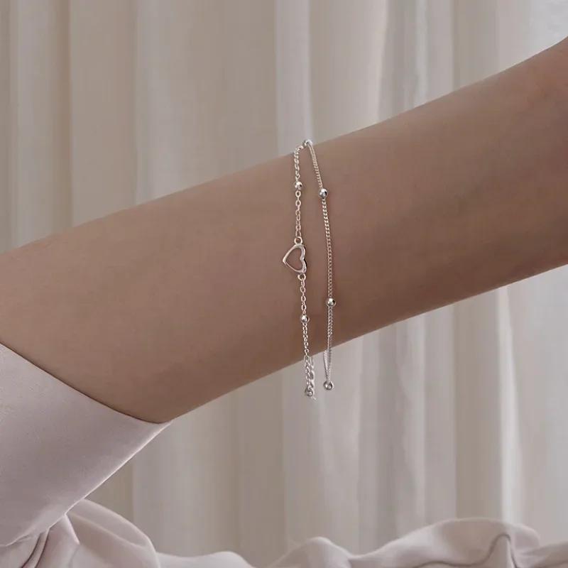 925 Silver Double Love Heart Hollow Beads Bracelet Adjustable Romantic Jewelry Gift for Women Fashion Classic