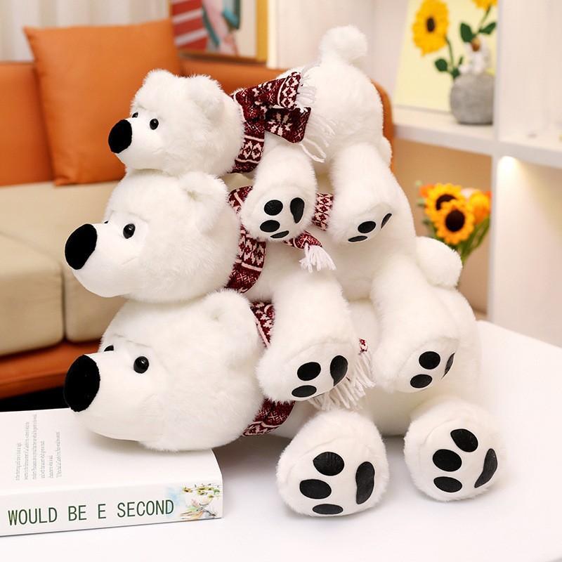 Cartoon Big Nose Polar Bear Plush Toy, Cute Lying Down Stuffed Animal with Scarf, Soft White Bear Doll Gift