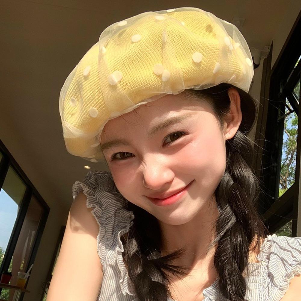 Korean Polka Dot Berets Mesh Beanie Cap British Knit Painter Caps  Streetwear