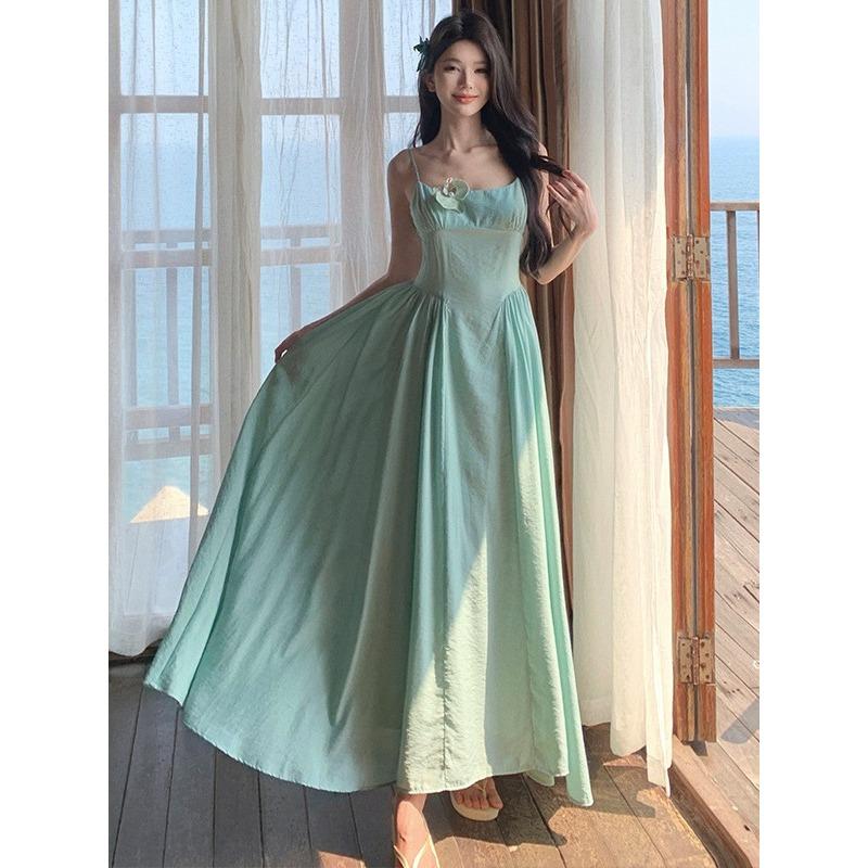 Blue-green Pendulum Temperament Dress Fairy Vacation Thin High-end Dress To Ankle Long and Gentle