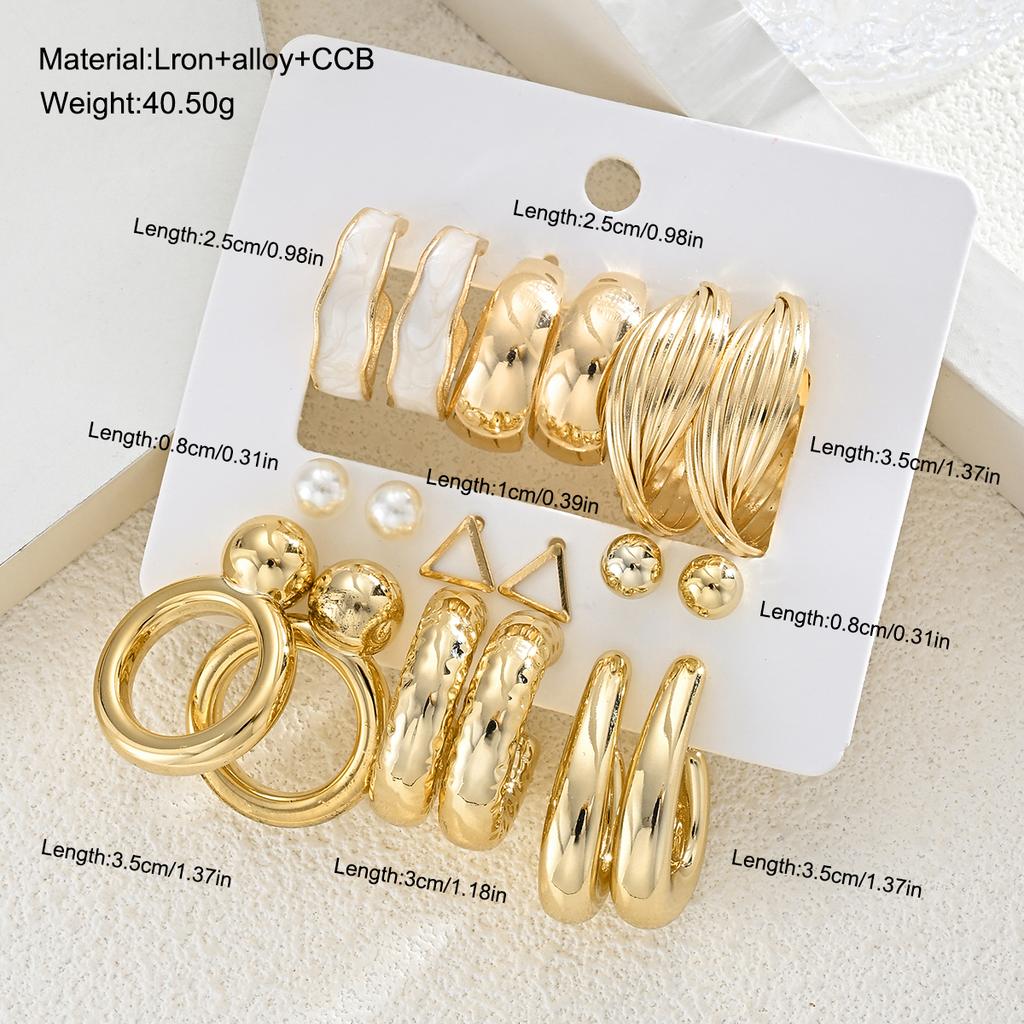 18 Pcs Vintage Gold Geometric Earring Set White Enamel Pearl Stud Drop Big Circle Exaggerated Earrings for Women Daily Jewelry