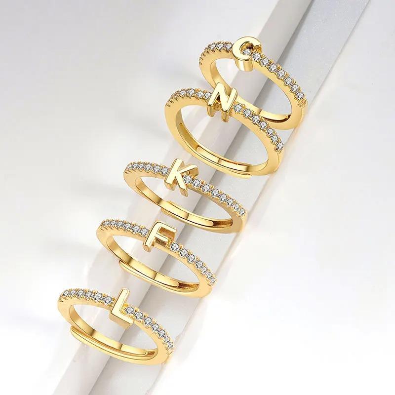 925 Silver 26 English Letter Zircon Diamond Studded Ring Adjustable For Women Gift Jewelry A