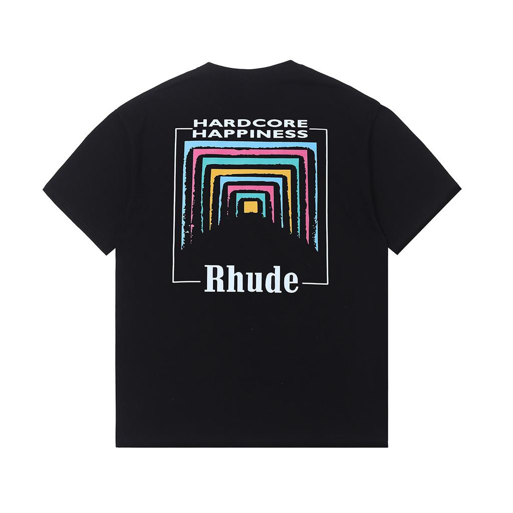 2023 Cross-border European and American Trendy Brand RHUDE Micro-standard Rainbow Square Circle Printed Short-sleeved T-shirt Men's and Women's High 