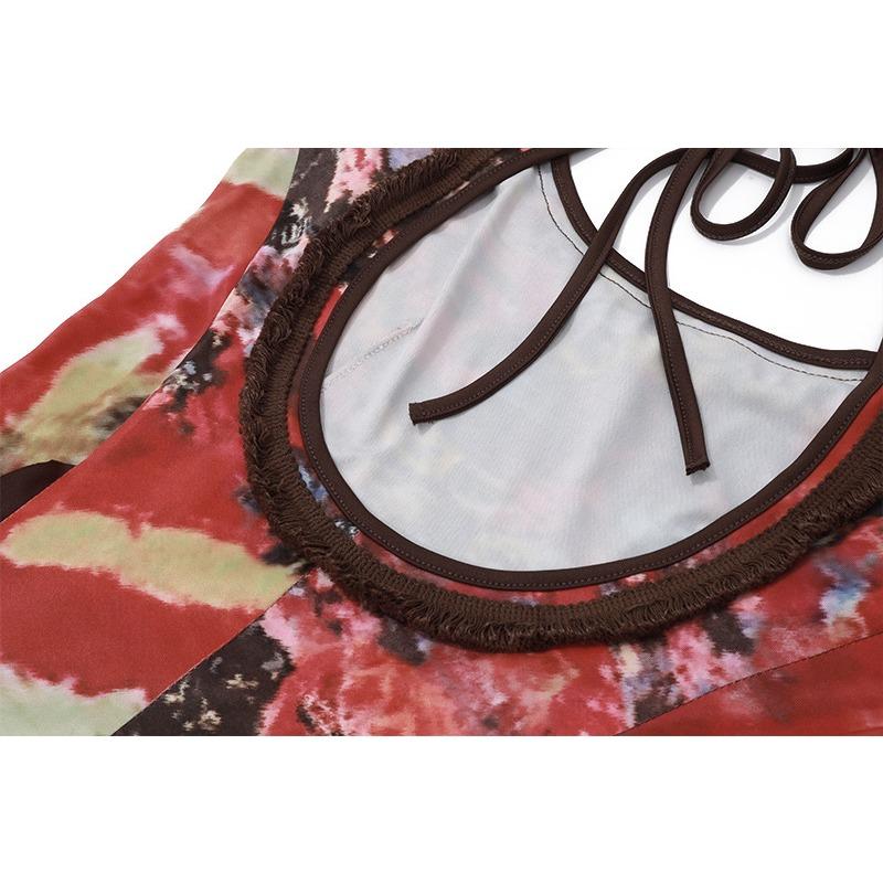 GMXIA Women's Summer Fashion Retro Tie Dye Print Sexy U-neck Slim Dress Long Dress