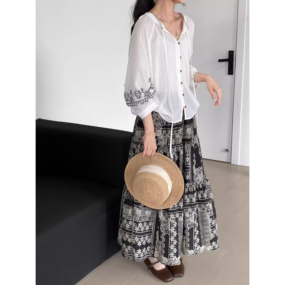 Dimanaf 2025 Summer Women Linen New Skirts Flower Vintage Elastic Pleated Elegant Skirts High Waist