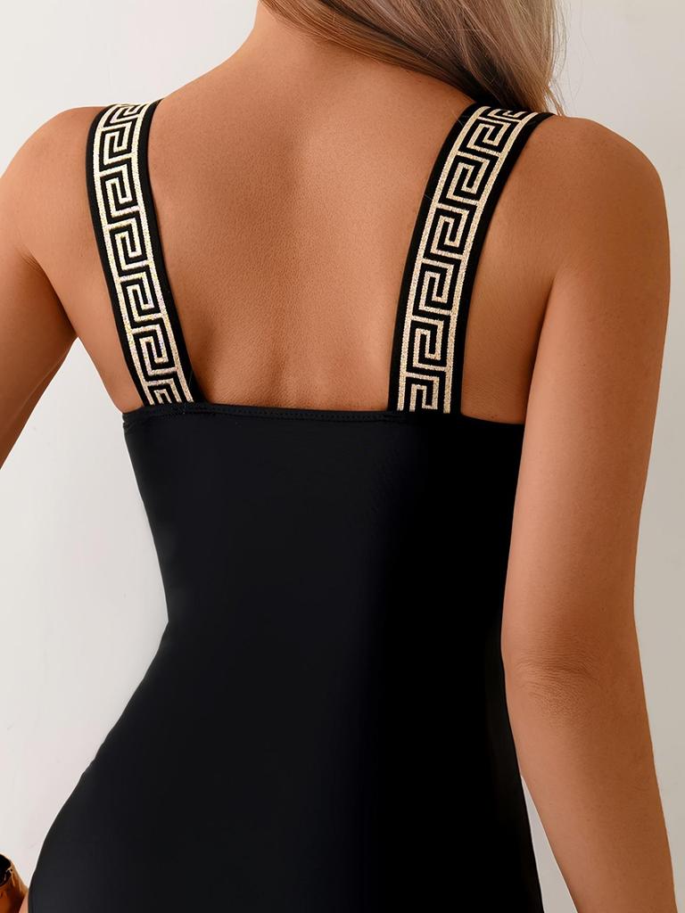 2025 European & American Black Slimming One-Piece Swimsuit with Tummy Control & Shoulder Straps