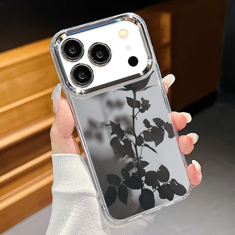 Black Rose Floral Pattern Case For iPhone 17 Pro Max Plating Lens Frame Clear Soft Cover For iPhone 16 15 14 13 Pro Max 11 16E 17E