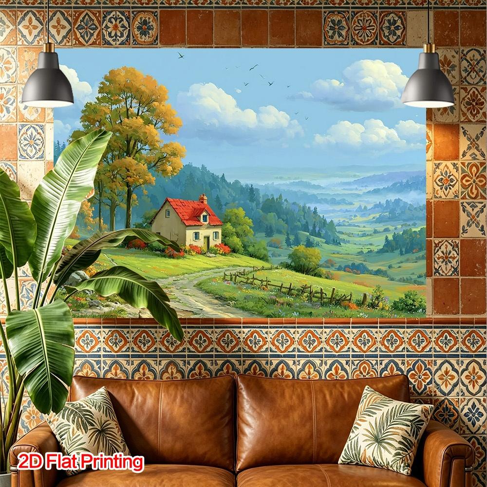 2D flat design 1-piece set autumn countryside cottage background suitable for home studio decoration and balcony arrangement