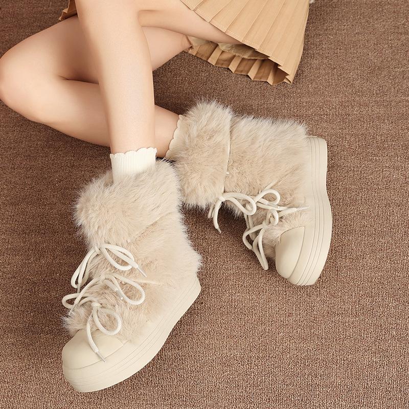 Women's thick bottom fur upper fashion winter lightweight warm anti cold snow boots non-slip casual sneakers cotton boots