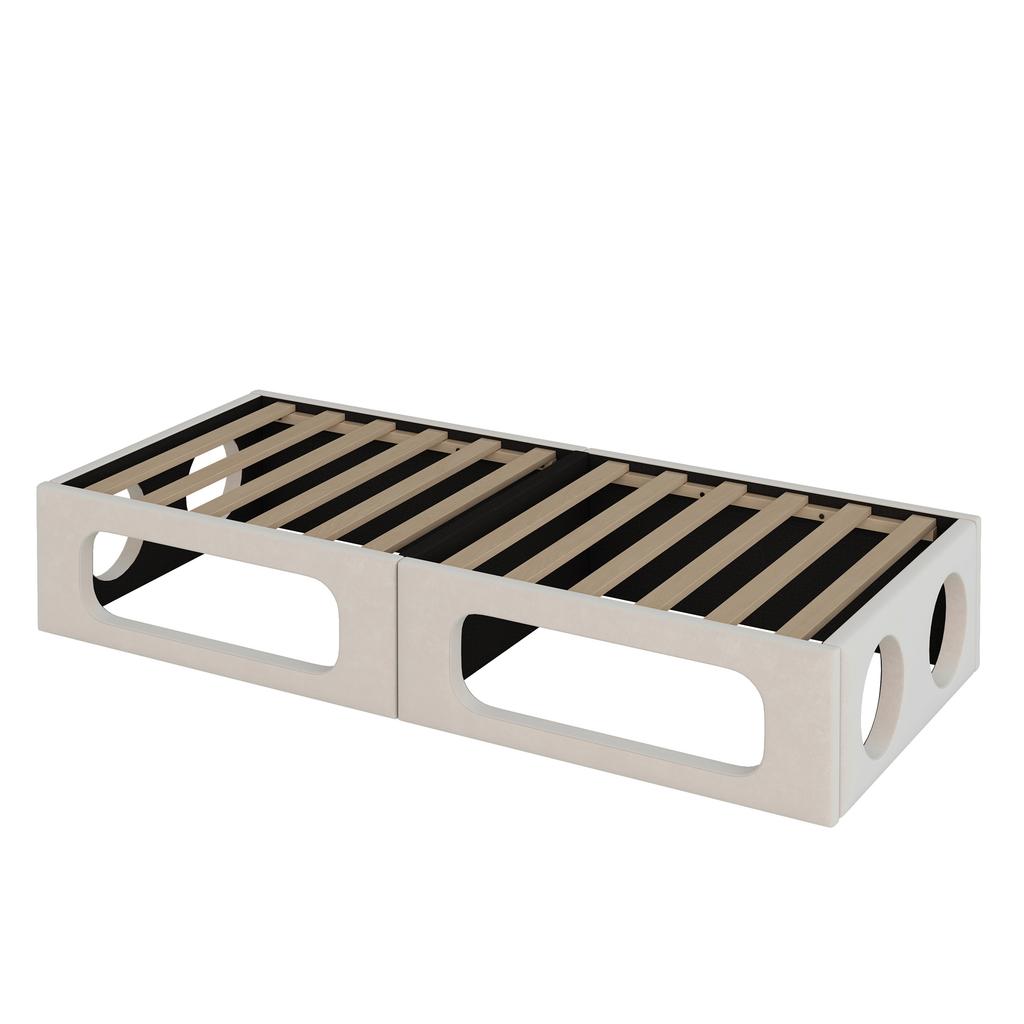 Divano letto imbottito con cuccia per animali domestici, Letto multifunzionale imbottito 2 in 1 180*200 cm, con morbido tessuto in velluto, Struttura a doghe e schienale, Beige.