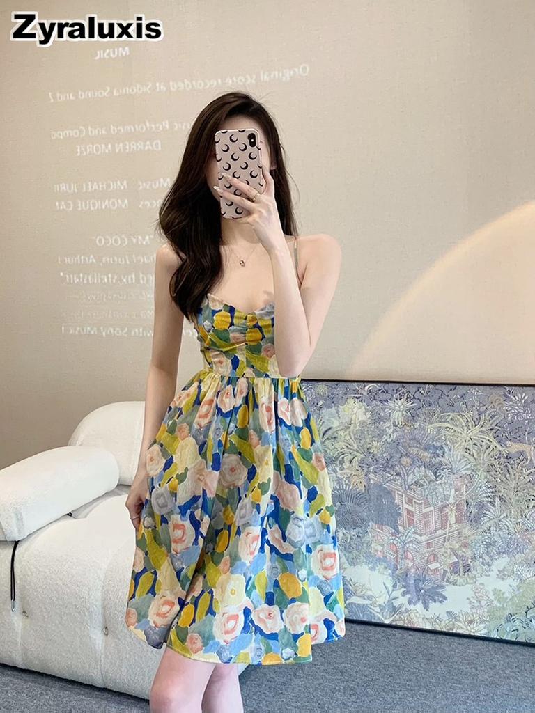 Women's Summer Thai Floral Off-Shoulder Dress - Petite Design, French Slim Fit Ruched Bodycon Style
