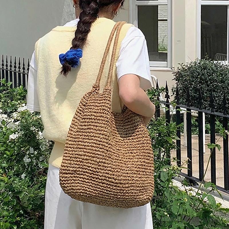 Fashion Women's Straw Tote Bag Large Capacity Woven Beach Bag Square Solid Color Casual Shoulder Bag Beach Bag Summer Daily Bag