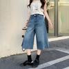 American High Street Retro Wide-leg Cropped Jeans Women's Summer Commute High-waisted Loose Straight Pants High Waist Washed Blue Seven-point Shorts