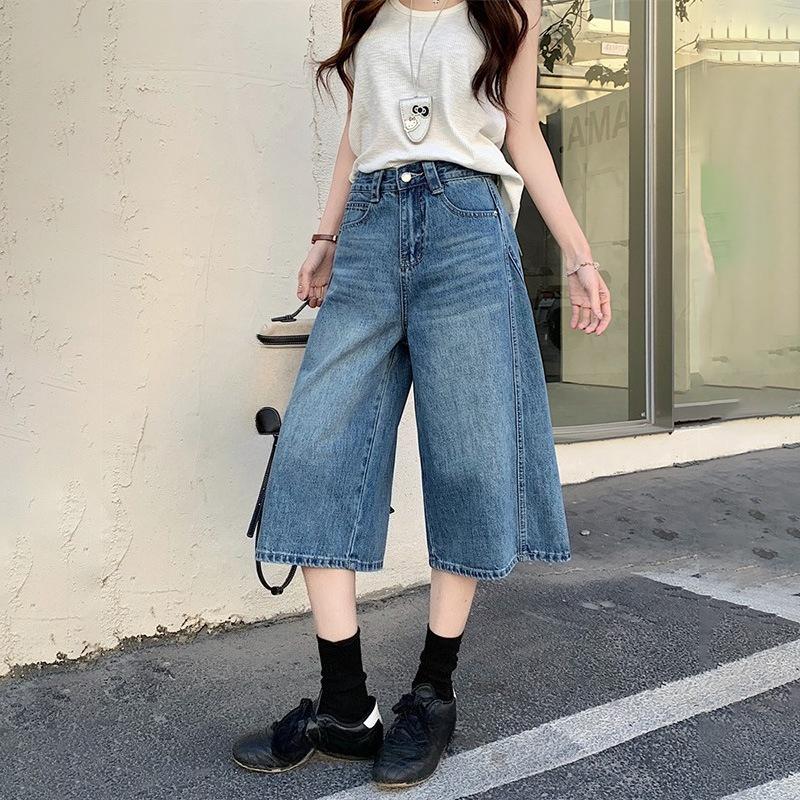 American High Street Retro Wide-leg Cropped Jeans Women's Summer Commute High-waisted Loose Straight Pants High Waist Washed Blue Seven-point Shorts