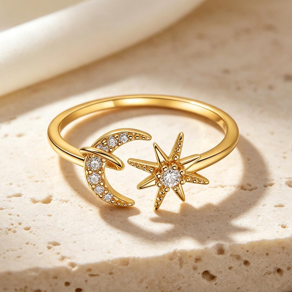 Luxury Star & Moon Open Sterling Silver Ring - Versatile High-End Fashion