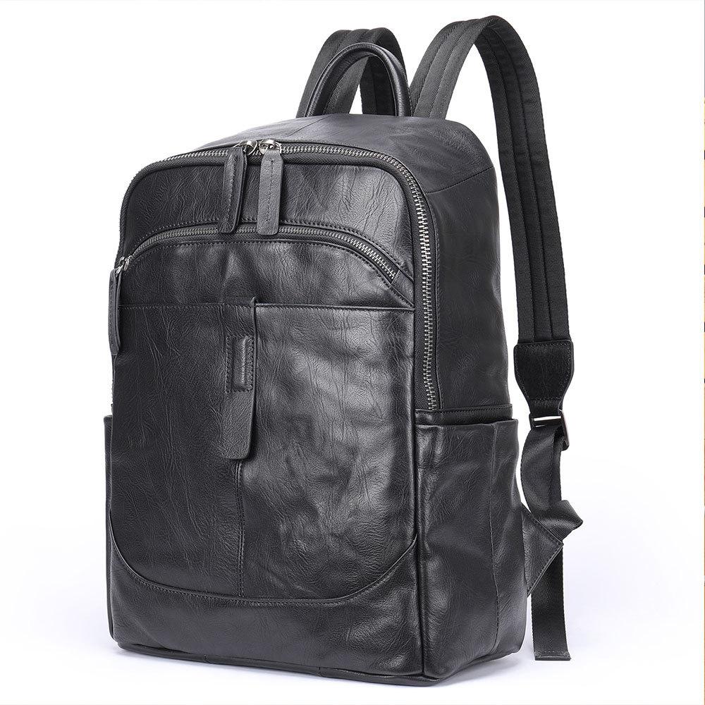 

Black Leather Men Backpack Genuine Leather Travel Bag Casual Daypack Fashion Leather School Bags Large Laptop Bag Soft Skin 14